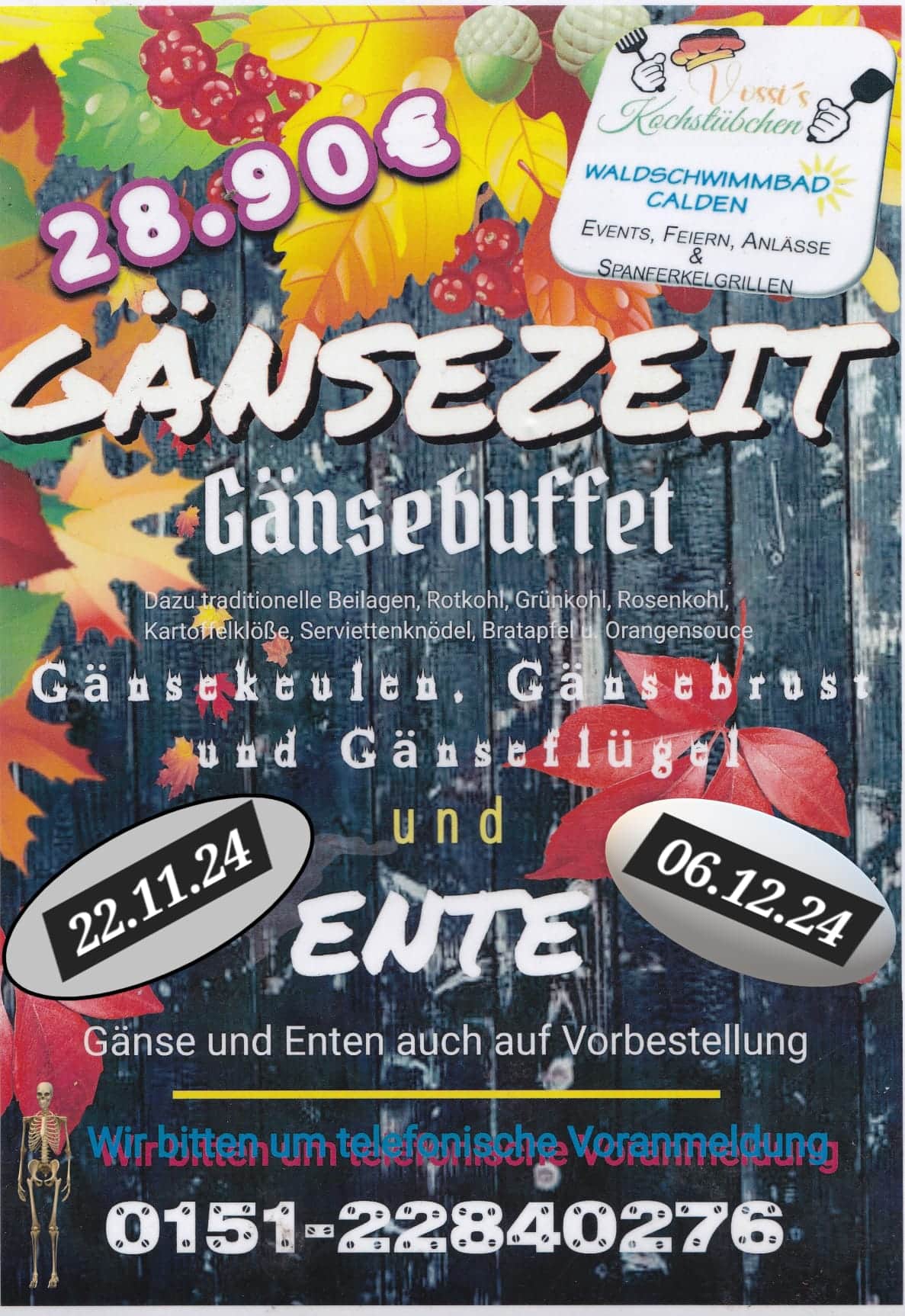 Plakat für ein Gänsebuffet, mit Herbstblättern, roten und gelben Akzenten und zwei Datumsangaben.