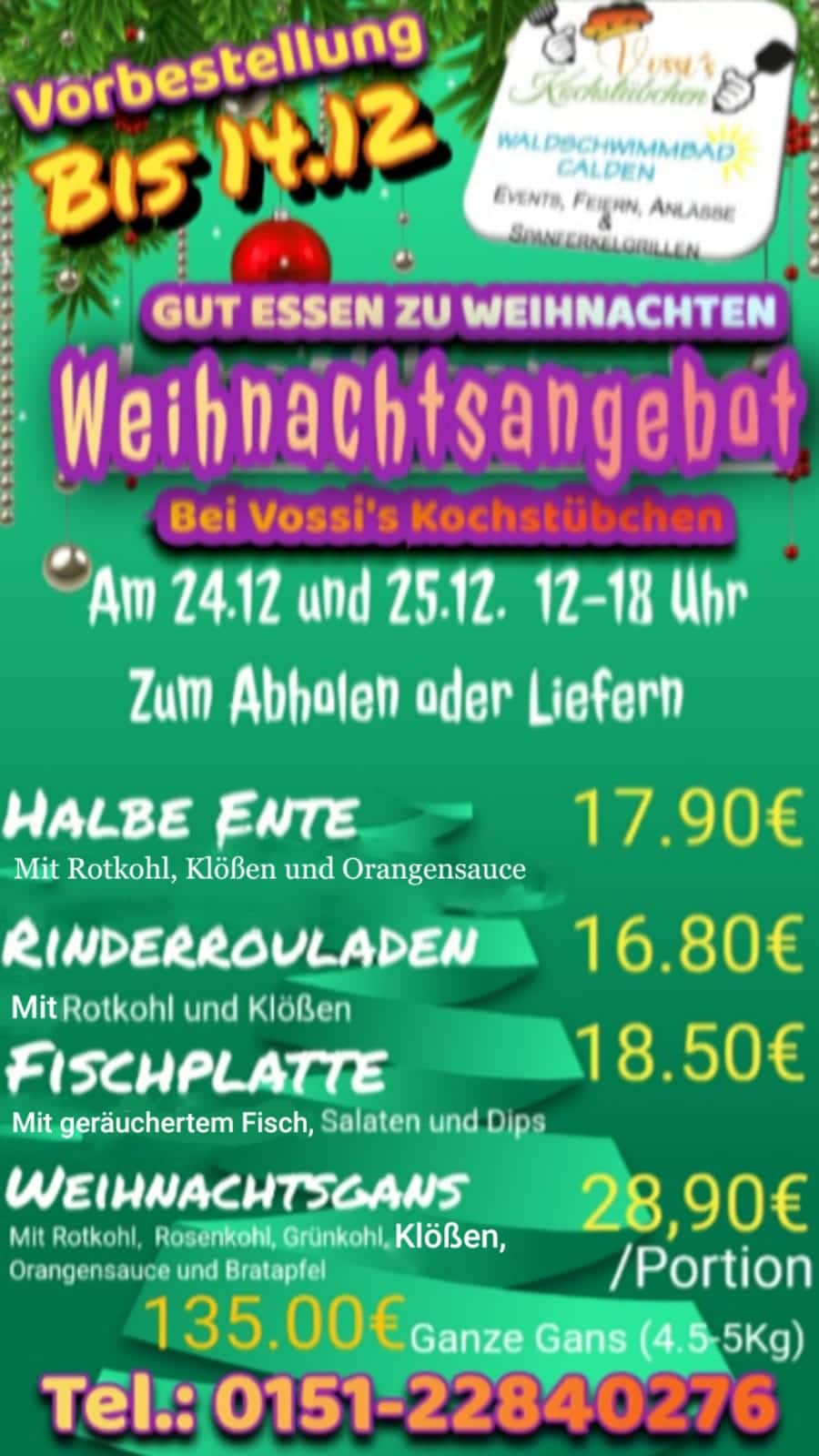 Vorweihnachtliches Menüangebot in lebendigen Farben mit Enten- und Rindergerichten, Klößen, Fisch.